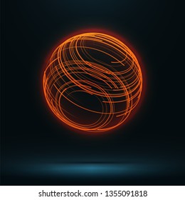 Abstract 3d sphere consist of neon stripes. Global network connection.  Abstract Globe Grid. Worldwide communication. Futuristic red earth globe. Vector science, technology illustration.
