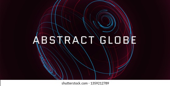 Abstract 3d sphere consist of neon stripes. Global network connection.  Abstract Globe Grid. Worldwide communication. Futuristic earth globe. Vector science, technology illustration.
