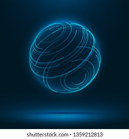 Abstract 3d sphere consist of neon stripes. Global network connection.  Abstract Globe Grid. Worldwide communication. Futuristic earth globe. Vector science, technology illustration.
