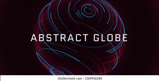 Abstract 3d sphere consist of neon stripes. Global network connection.  Abstract Globe Grid. Worldwide communication. Futuristic earth globe. Vector science, technology illustration.
