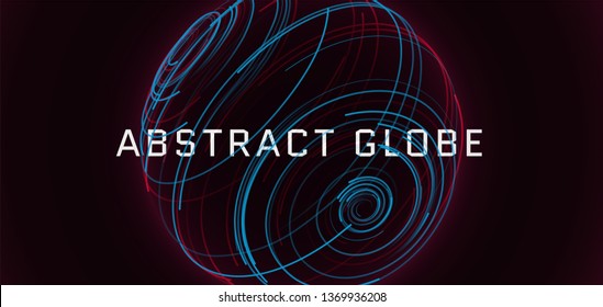Abstract 3d sphere consist of neon stripes. Global network connection.  Abstract Globe Grid. Worldwide communication. Futuristic earth globe. Vector science, technology illustration.
