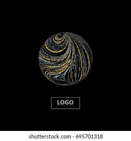 Abstract 3d sphere with curled texture of shiny golden and silver glitters. Vector creative illustration of curled sparkling stripes shape. Logo design