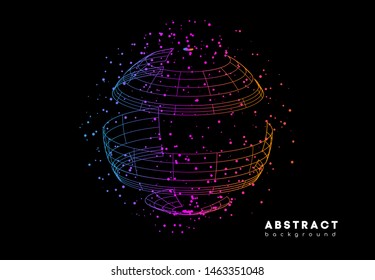 Abstract 3d sphere with dot, line, point on black background. Futuristic global network connection. Abstract geometric globe grid with circle, round for cyberspace. Vector science, technology. 