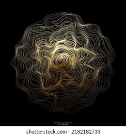 Resumen esfera 3D que fluye líneas de luz ondulan gradiente de oro aislado en el fondo negro. Vector en concepto de lujo, tecnología, ciencia, música, moderno.