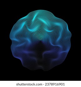 Abstract 3D sphere flowing light lines wave blue green gradient isolated on black background. Vector in concept of AI technology, science, music, modern.