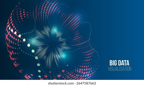 Esfera 3D abstrata feita de pontos coloridos em um fundo azul escuro, representando o fluxo de dados digitais e a tecnologia de visualização de grandes dados.