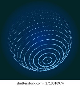 Esfera 3d abstracta. Malla de la esfera con puntos sobre fondo oscuro. Ciencia y tecnología. Ilustración vectorial.