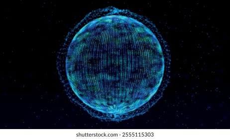 Abstract 3D sphere of neon dots and stripes. Sphere of dots and lines on dark background. Global network connection. Abstract atom. Physics and science concept. Vector illustration.