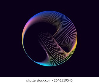 Abstract 3d sphere. Neon gradient curved waves in round shape. Bright spinning circular border. Vector colorful glowing circular tech frame