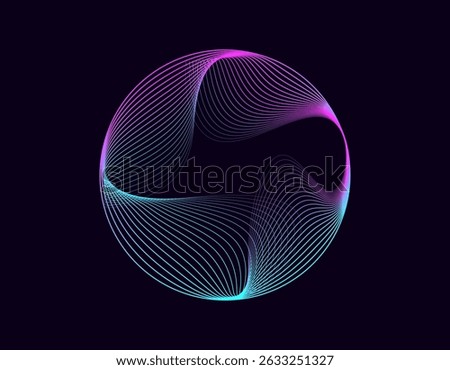 Abstract 3d sphere. Neon gradient curved waves in round shape. Bright spinning circular border. Vector colorful glowing circular tech frame	
