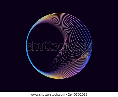 Abstract 3d sphere. Neon gradient curved waves in round shape. Bright spinning circular border. Vector colorful glowing circular tech frame