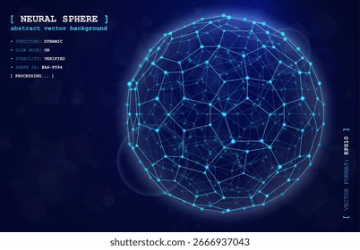 Esfera 3D abstrata de polígonos, linhas, pontos. Rede global, dados digitais e padrões de tecnologia. IA futurista e design geométrico. Partículas de luz, elemento do ciberespaço. Conceito de ciência e negócios