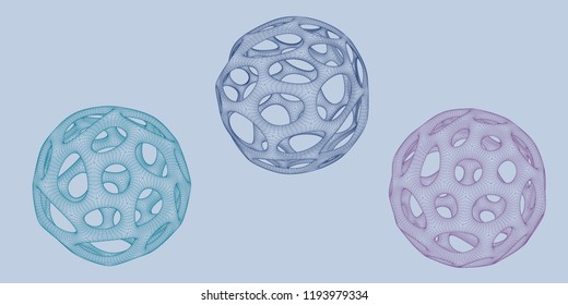 Abstract 3d sphere set with holes. Vector wireframe illustration.