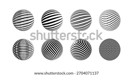 Abstract 3d sphere shapes with striped and dotted halftone patterns vector illustration.