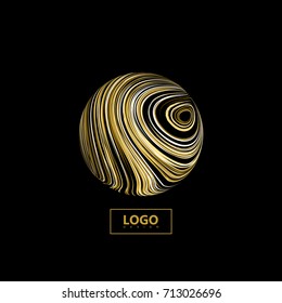 Abstract 3D sphere textured with swirled golden lines.. Vector creative illustration of curled stripes shape. Marble or acrylic texture imitation. Logo design. Decorative element for design