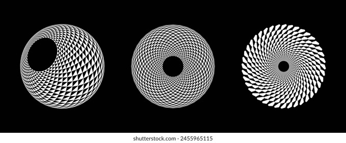 The abstract 3D sphere vector icon showcases a halftone pattern of checkered squares and diamond shapes against a black background.