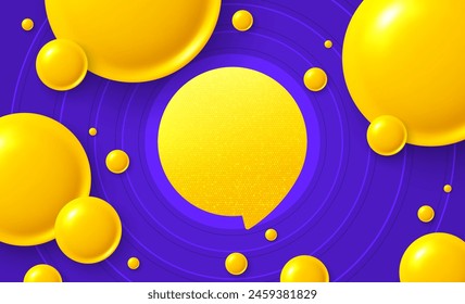 Abstract 3d spheres background with chat bubble. Purple color banner with yellow bubbles balls on background. Geometric background with yellow 3d balls, spheres. Vector illustration