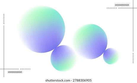 Abstract 3d spheres background with mint green and purple gradients and minimalist geometric tech lines on white backdrop for modern digital banner