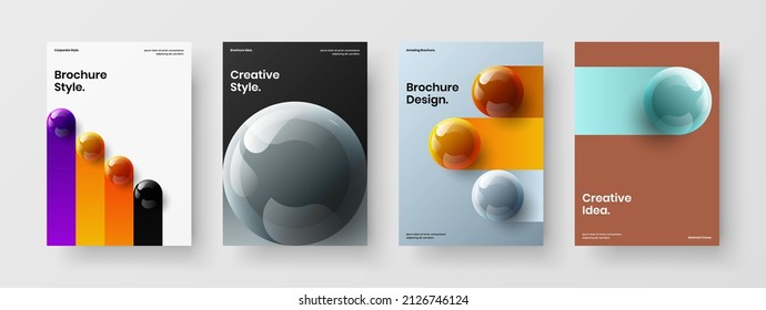Abstract 3D spheres flyer layout collection. Amazing journal cover A4 vector design template bundle.