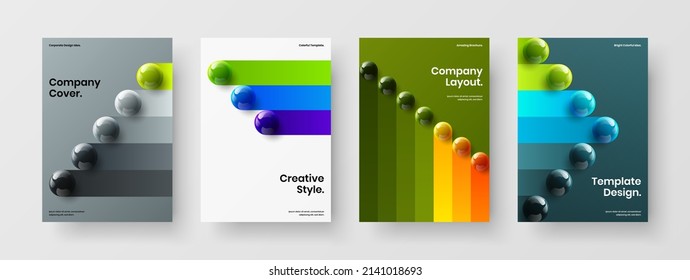 Abstract 3D spheres magazine cover illustration bundle. Clean corporate brochure A4 design vector template composition.