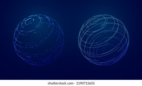 Abstract 3D Spheres of Neon Dots and Stripes. Hi-Tech Orb HUD Design Element. Global Network Connection. Abstract Globe Grid. Science and Technology Vector Illustration.