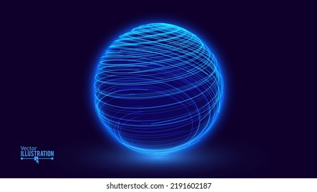 Abstract 3D Spheres of Neon Dots and Stripes. Hi-Tech Orb HUD Design Element. Global Network Connection. Abstract Globe Grid. Science and Technology Vector Illustration.