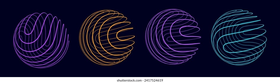 Abstract 3D Spheres of Neon Dots and Stripes. Global Network Connection. Abstract Globe Grid. Worldwide Communication Concept. Science and Technology Abstract Vector Illustration.