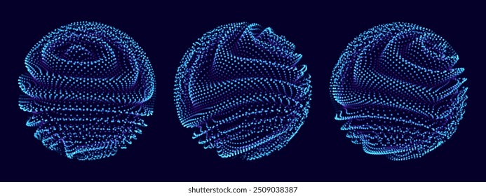 Abstractas esferas 3D de puntos y rayas de neón. Conexión de red global. Rejilla de Globo Abstractas. Concepto de comunicación mundial. Ciencia y Tecnología Ilustración vectorial Abstractas.