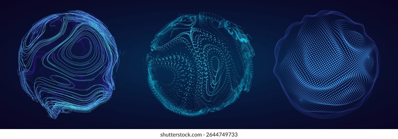 Esferas 3D abstratas de neon pontos e listras. Elemento de design HUD Orb Hi-Tech. Conexão de rede global. Abstract Globe Grid. Realidade Virtual VR Ciência e Tecnologia Ilustração Vetor.