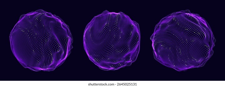 Abstract 3D Spheres of Neon Dots and Stripes. Hi-Tech Orb HUD Design Element. Global Network Connection. Abstract Globe Grid. Science and Technology Vector Illustration.