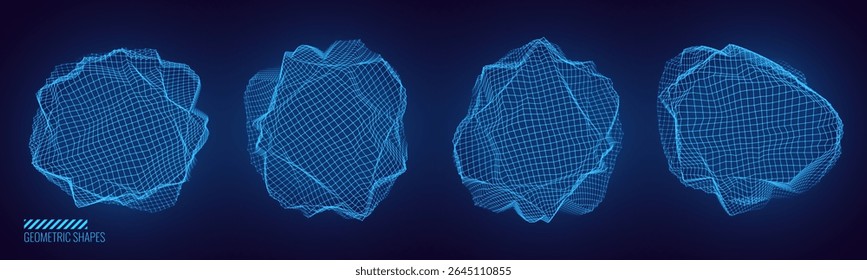 Abstrakte 3D-Sphären von Neonpunkten und -streifen. Hi-Tech Orb HUD Design Element. Globale Netzwerkverbindung. Abstraktes Globalraster. Wissenschaft und Technologie - Vektorgrafik.