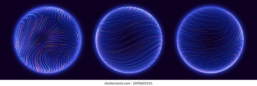 Abstractas esferas 3D de puntos y rayas de neón. Elemento de diseño HUD de alta tecnología Orb. Conexión de red global. Rejilla de Globo Abstractas. Ciencia y Ilustración vectorial de la Tecnología.