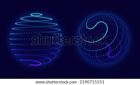Abstract 3D Spheres of Neon Dots and Stripes. Hi-Tech Orb HUD Design Element. Global Network Connection. Abstract Globe Grid. Science and Technology Vector Illustration. [[stock_photo]] © 