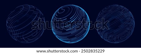 Abstract 3D Spheres of Neon Dots and Stripes. Hi-Tech Orb HUD Design Element. Global Network Connection. Abstract Globe Grid. Science and Technology Vector Illustration.