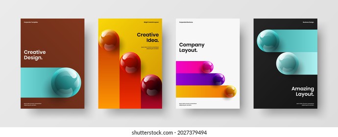 Abstract 3D spheres placard layout set. Bright corporate cover A4 design vector template composition.