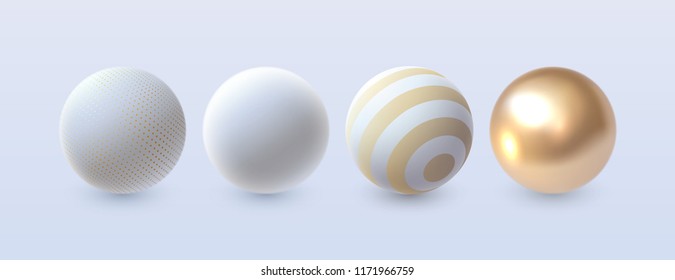 Abstract 3d spheres set. Vector illustration. Decoration elements for design. White and golden shapes textured with geometric patterns.