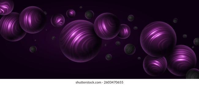 Abstract 3d spheres textured with purple striped wavy pattern on dark background. Levitating glowing bubbles. Trendy cover design. Vector illustration. EPS 10