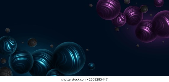 Abstract 3d spheres textured with striped wavy pattern on dark background. Levitating glowing bubbles for your design. Trendy modern cover. Vector illustration. EPS 10
