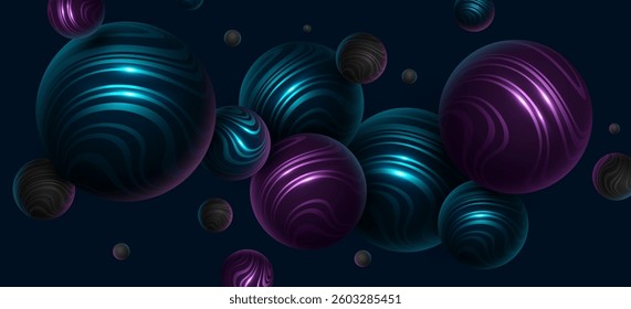Abstract 3d spheres textured with striped wavy pattern on dark background. Levitating blue and purple bubbles with glow for your design. Trendy modern cover. Vector illustration
