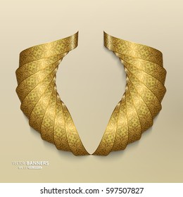 Abstract 3d spiral shape of ribbons with floral elements, necklace shape ribbon banner