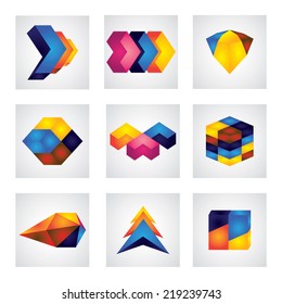 abstract 3d squares, arrows & cube element design vector icons. This graphic shows different glowing shapes in various colors like yellow, orange, red, blue, pink, etc