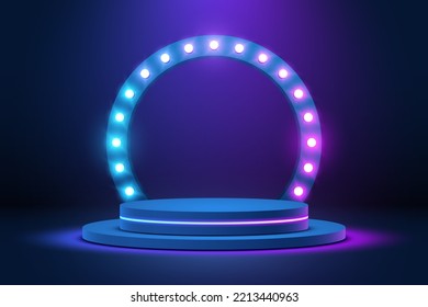 Abstract 3d stage podium with neon spotlight blue and pink background. Futuristic glow backdrop scene platform with cylinder pedestal. Vector 3d rendering for award or product display presentation