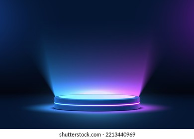 Abstract 3d stage podium with shining neon light blue and pink background. Futuristic glow backdrop scene platform with cylinder pedestal. Vector 3d rendering for award or product display presentation