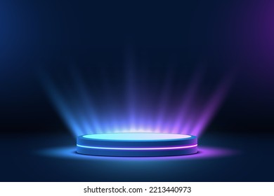 Abstract 3d stage podium with shining neon light blue and pink background. Futuristic glow backdrop scene platform with cylinder pedestal. Vector 3d rendering for award or product display presentation