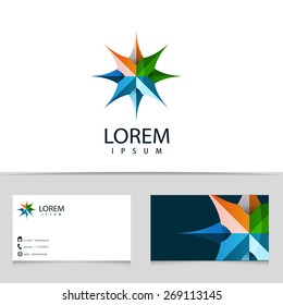 Abstract 3d star logo design. Colorful logotype with business card template. Vector creative icon.