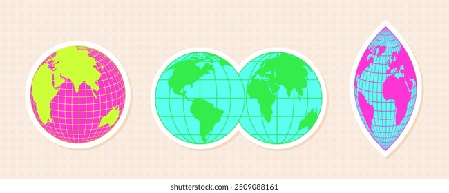 Design de adesivo 3D abstrato com formas de grade esféricas. Globos de malha icônica e wireframe com um estilo retrô Y2K, cores neon e formas de mundo únicas em verde e rosa vívidos.