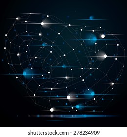 Abstract 3D structure polygonal network object with flashes, grayscale deformed sparkling figure.