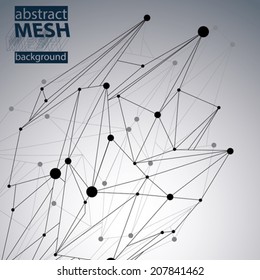 Abstract 3D structure polygonal vector network pattern, contrast background with black and white art deformed figure.