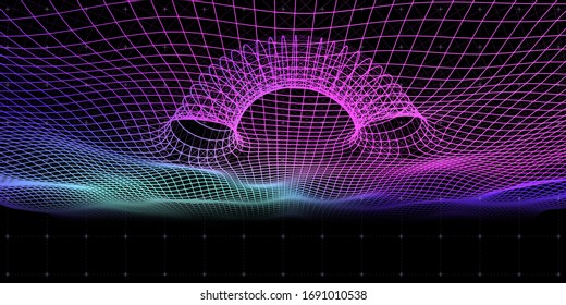 
Abstract 3d surface wave with holes of tunnel. Futuristic digital wireframe style. Wave grid with wormhole on dark background.