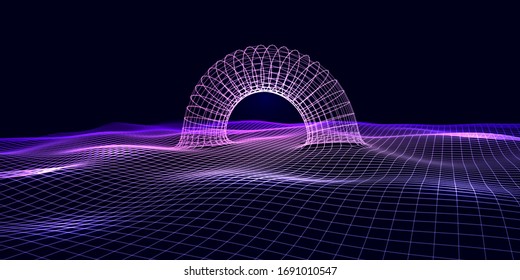 Abstract 3d surface wave with merged torus. Futuristic digital wireframe style. Perspective wave grid with arch on dark background. Futuristic vector concept  3d arch like time portal,  target of game